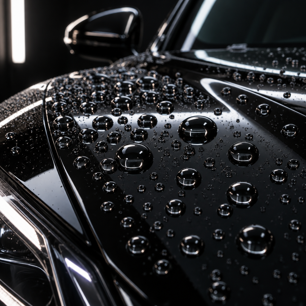 Close-up of water beading on a glossy black ceramic-coated paint surface
